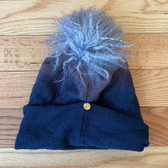 ARAE Blue Ombré Freya Boiled Wool Polar Fleece Mongolian Fur Pom Pom Beanie Hat - Picture 1 of 5
